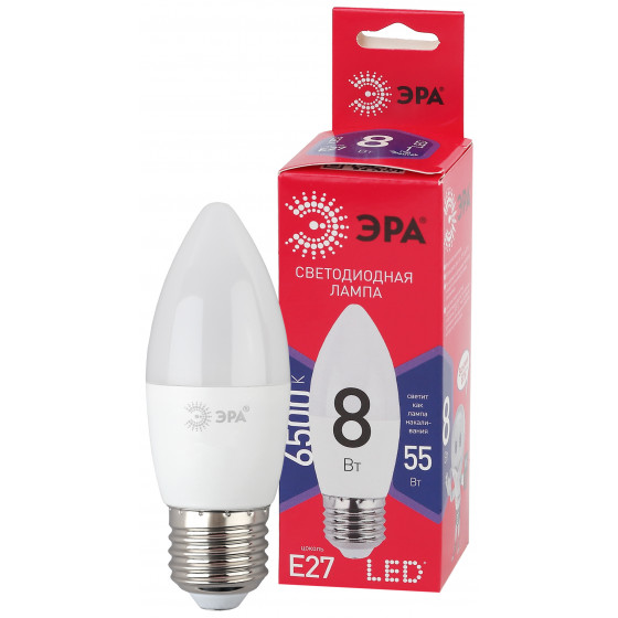 

Лампа светодиодная E27 свеча/B35, 8Вт, 6500K / холодный свет, 640лм, ЭРА LED B35-8W-865-E27 R (Б0045342), LED B35-8W-865-E27 R