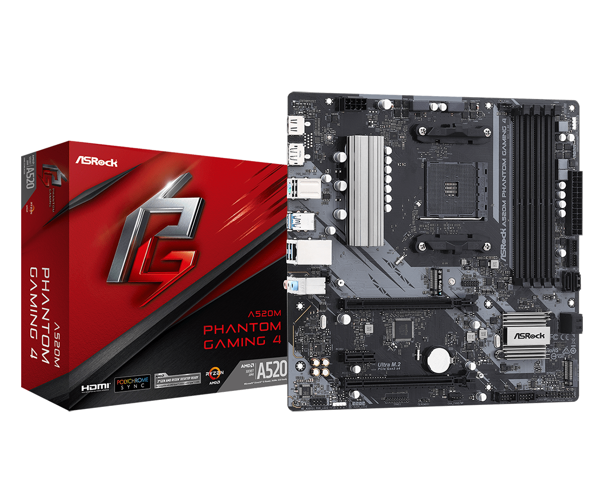

Материнская плата ASRock A520M PHANTOM GAMING 4, SocketAM4, AMD A520, 4xDDR4, 2PCI-Ex16, 4SATA3, 7.1-ch, GLAN, 6USB 3.2, HDMI, DisplayPort, mATX, Retail, A520M PHANTOM GAMING 4