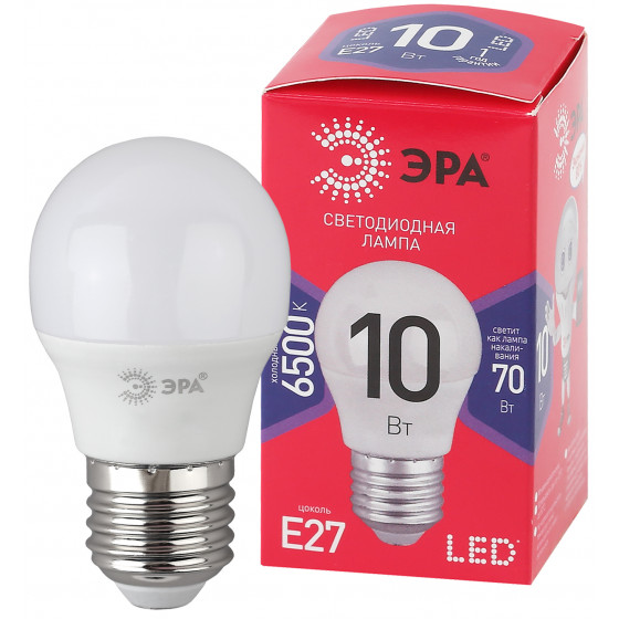 

Лампа светодиодная E27 шар/P45, 10Вт, 6500K / холодный свет, 800лм, ЭРА LED P45-10W-865-E27 R (Б0045355), LED P45-10W-865-E27 R