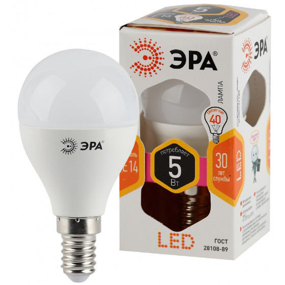 

Лампа светодиодная E14 шар/P45, 5Вт, 2700K / теплый свет, 400лм, ЭРА LED P45-5W-827-E14 ЭРА (Б0028485), LED P45-5W-827-E14 ЭРА