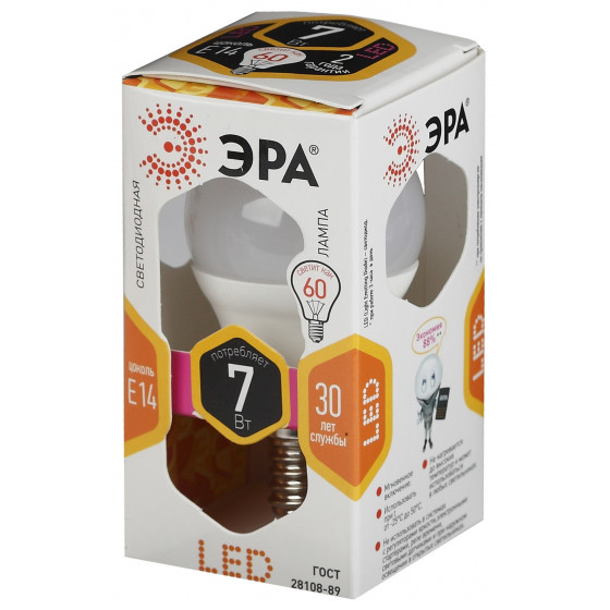 

Лампа светодиодная E14 шар/P45, 7Вт, 2700K / теплый свет, 560лм, ЭРА LED P45-7W-827-E14 (Б0020548), LED P45-7W-827-E14