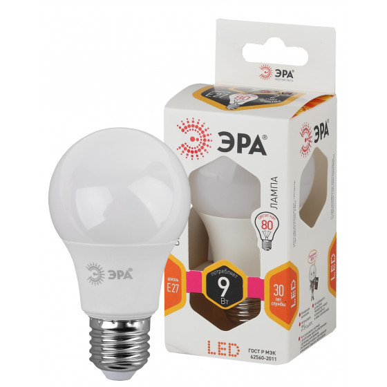 

Лампа светодиодная E27 груша/A60, 9Вт, 2700K / теплый свет, 720лм, ЭРА LED A60-9W-827-E27 (Б0032246), LED A60-9W-827-E27