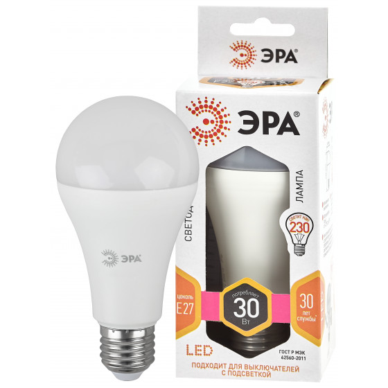 

Лампа светодиодная E27 груша/A65, 30Вт, 2700K / теплый свет, 2400лм, ЭРА LED A65-30W-827-E27 (Б0048015), LED A65-30W-827-E27