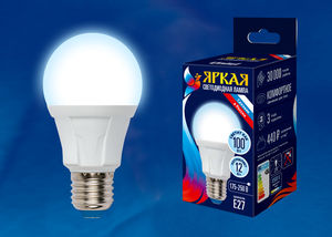 

Лампа светодиодная E27 груша/A60, 12Вт, 6500K / холодный свет, 1000лм, Uniel LED-A60 12W/DW/E27/FR PLP01WH Яркая (UL-00002005), LED-A60 12W/DW/E27/FR PLP01WH