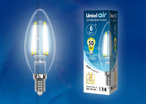 

Лампа светодиодная E14 свеча/C35, 6Вт, 4000K / белый, 450лм, филаментная, Uniel LED-C35-6W/NW/E14/CL GLA01TR Air (UL-00002198), LED-C35-6W/NW/E14/CL GLA01TR