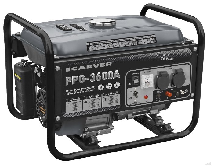 

Электрогенератор Carver PPG- 3600А, однофазный, синхронный, бензиновый, 6.5 л.с., 2.8кВт, 2xEURO 16A (01.020.00011), PPG- 3600А