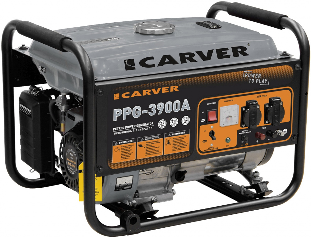 Электрогенератор Carver PPG- 3900А, однофазный, синхронный, бензиновый, 7 л.с., 3.2кВт, 2xEURO 16A (01.020.00012)