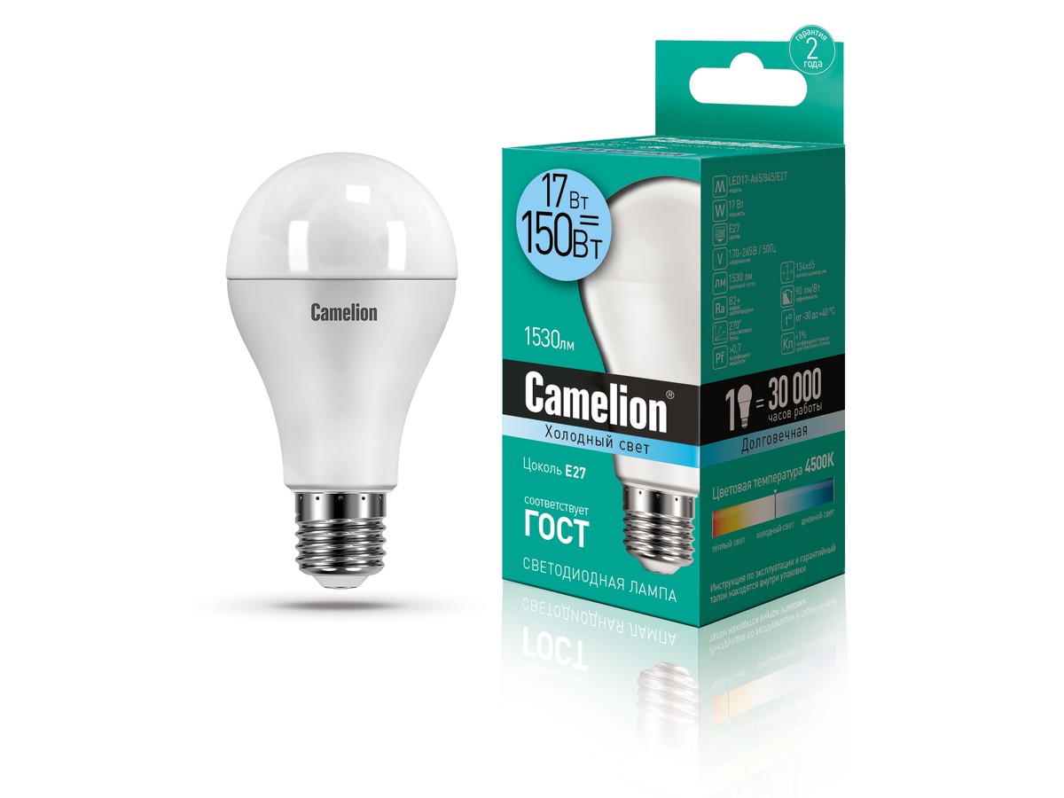 

Лампа светодиодная E27 груша/A65, 17Вт, 4500K / холодный свет, 1530лм, Camelion LED17-A65/845/E27 (12309), LED17-A65/845/E27