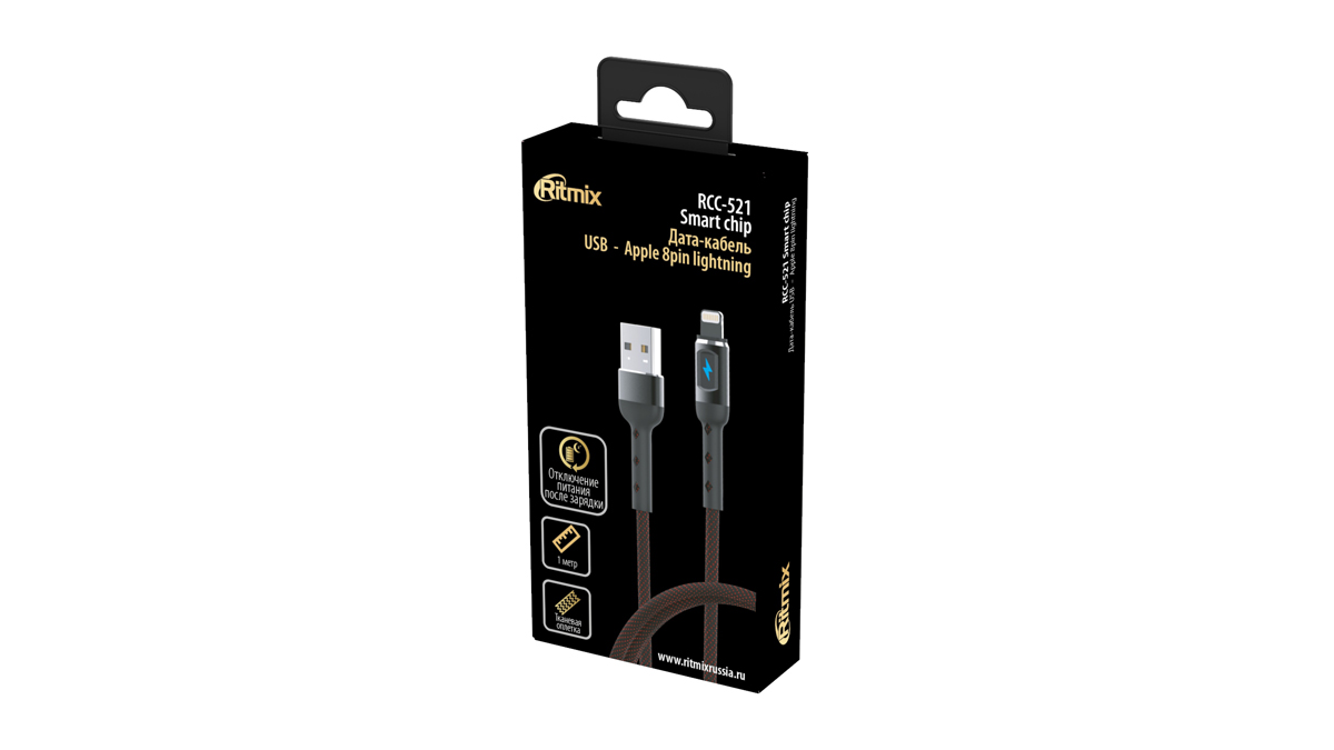 

Кабель USB 2.0(Am)-Lightning 8-pin(m), 2A, 1м, черный/красный Ritmix Smart Chip RCC-521 (80000792), RCC-521