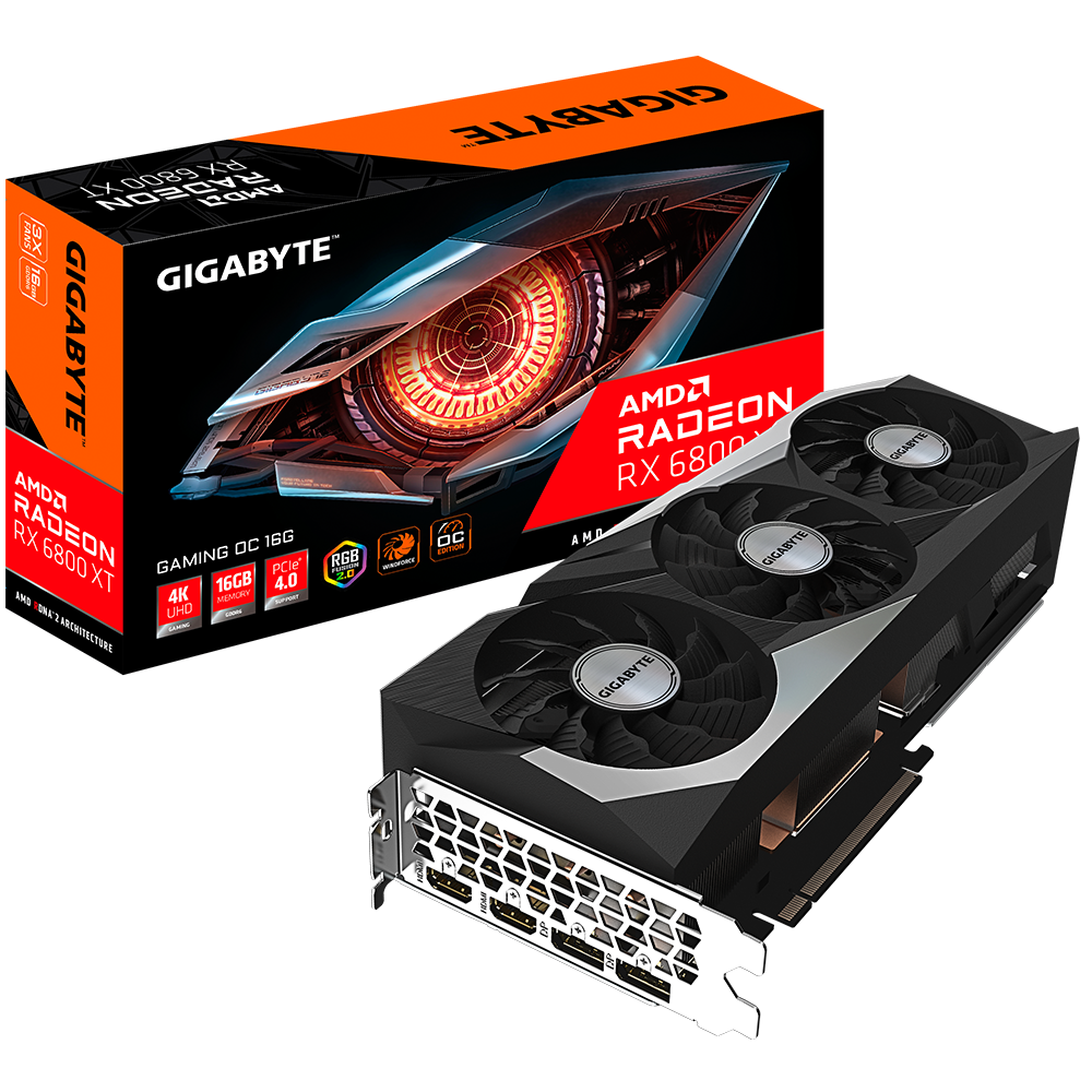 

Видеокарта GIGABYTE AMD Radeon RX 6800 XT GAMING OC, 16Gb DDR6, 256 бит, PCI-E, 2HDMI, 2DP, Retail (GV-R68XTGAMING OC-16GD), GAMING OC