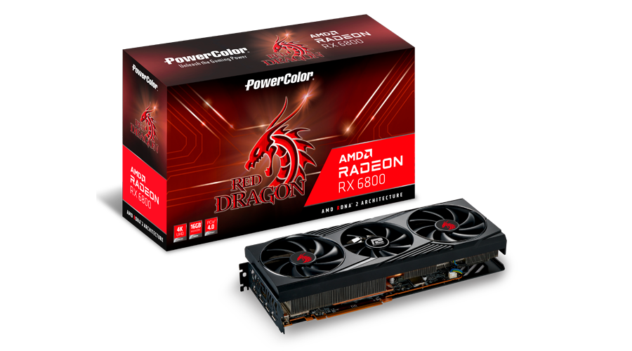 

Видеокарта PowerColor AMD Radeon RX 6800 Red Dragon, 16Gb DDR6, 256bit, PCI-E, HDMI, 3DP, Retail (AXRX 6800 16GBD6-3DHR/OC), Red Dragon