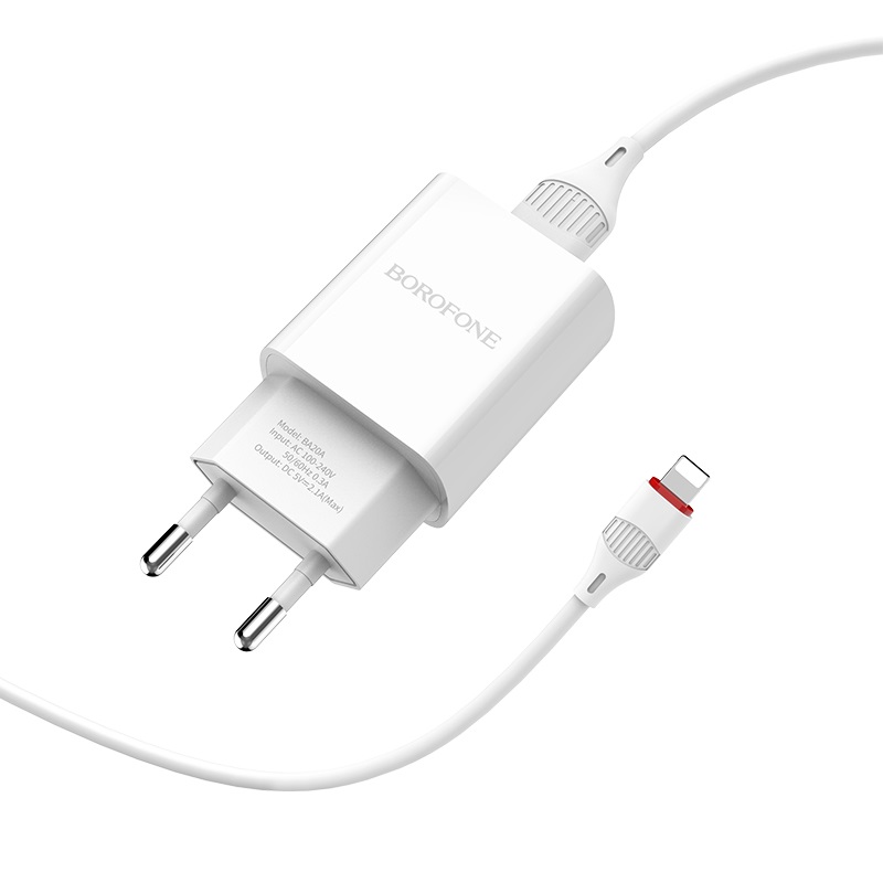 

Сетевое зарядное устройство Borofone BA20A Sharp, 1USB, 2.1A, белый (6931474700728), Lightning 8pin, BA20A Sharp