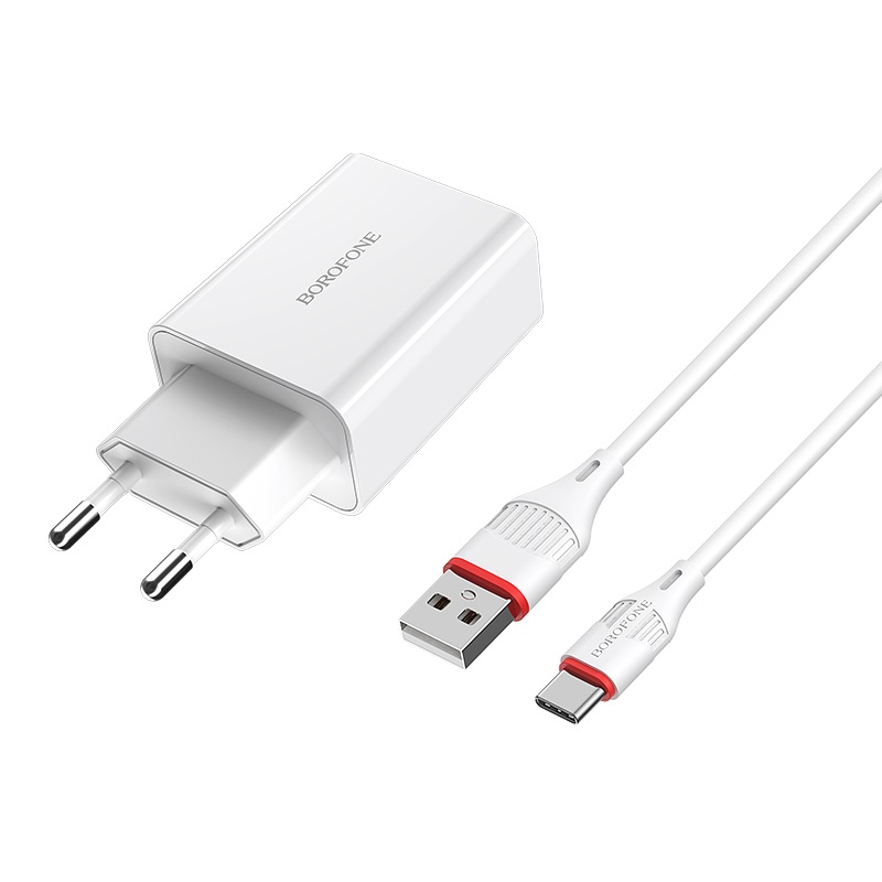 Сетевое зарядное устройство Borofone BA21A Long journey 18W, 1USB, Quick Charge, 3A, белый (02487), кабель USB Type C - фото 1