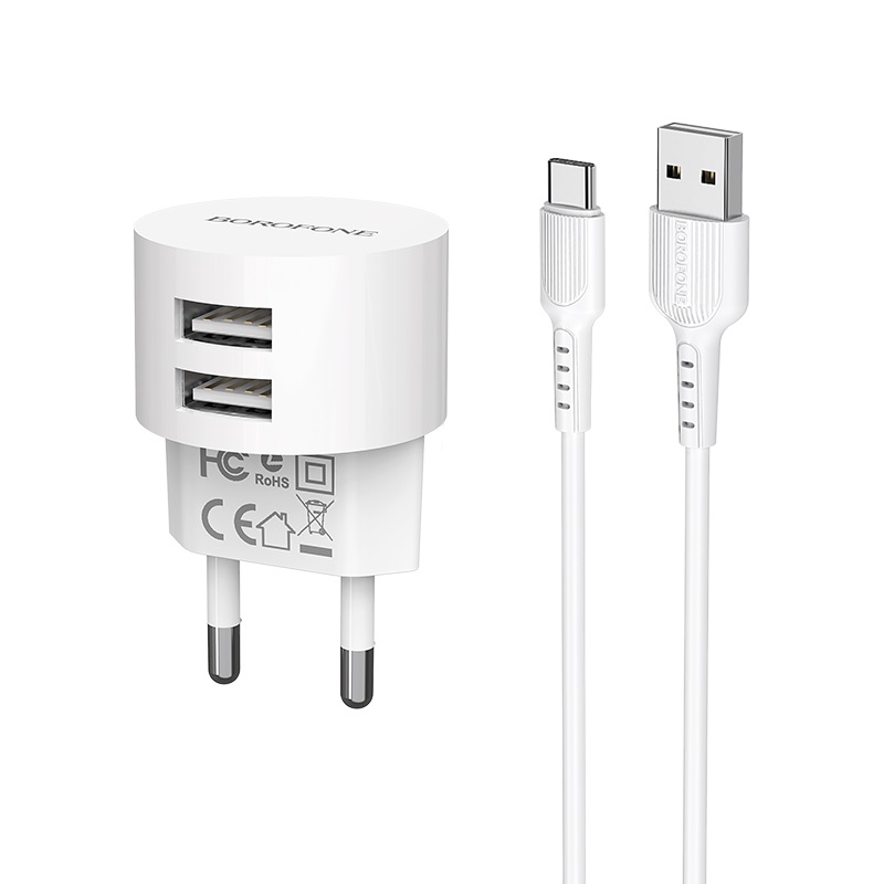 Сетевое зарядное устройство Borofone BA23A Brilliant, 2USB, 2.4A, белый (6931474704023), кабель USB Type C - фото 1