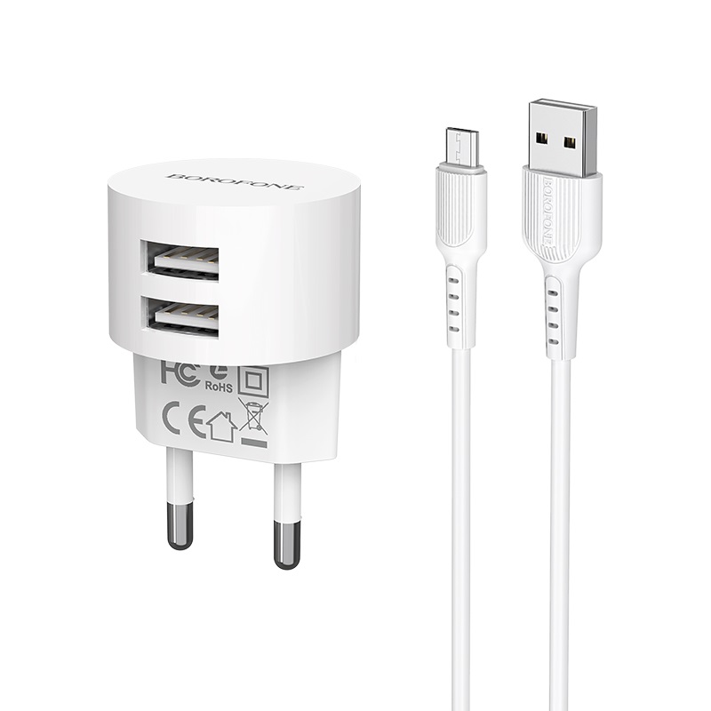 

Сетевое зарядное устройство Borofone BA23A Brilliant, 2USB, 2.4A, белый (04016), кабель microUSB, BA23A Brilliant