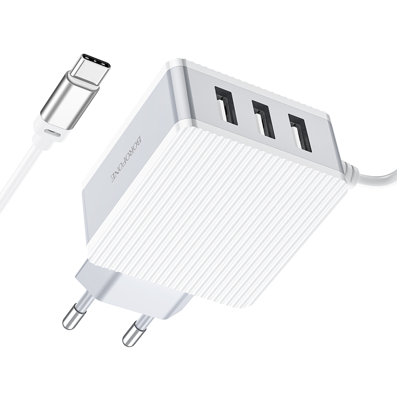 

Сетевое зарядное устройство Borofone BA42A Joyful, 3USB, 2.4A, белый (6931474726070), кабель USB Type C, BA42A Joyful