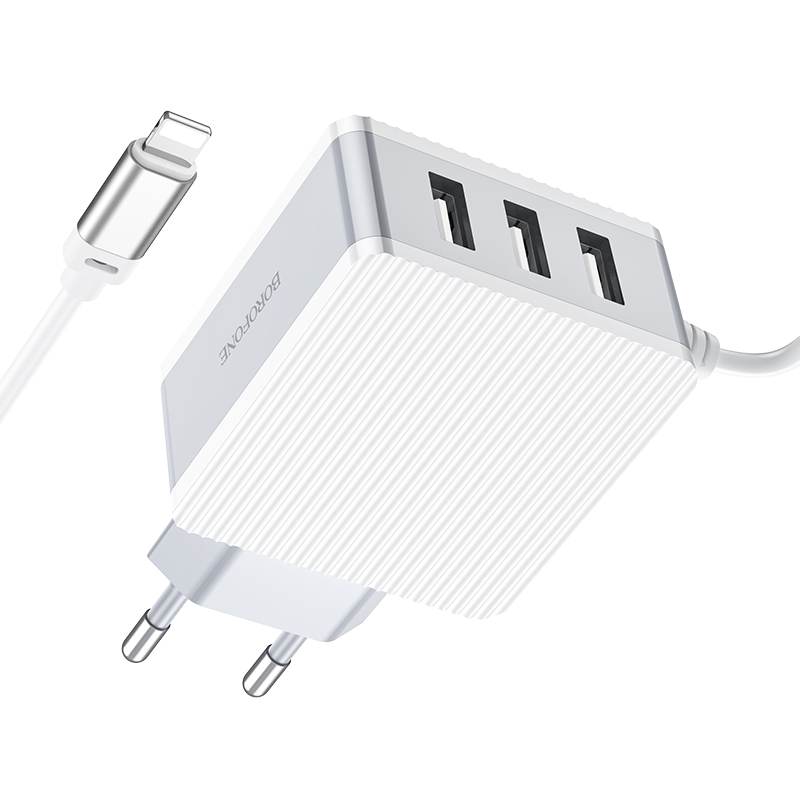 

Сетевое зарядное устройство Borofone BA42A Joyful, 3USB, 2.4A, белый (26056), Lightning 8pin, BA42A Joyful