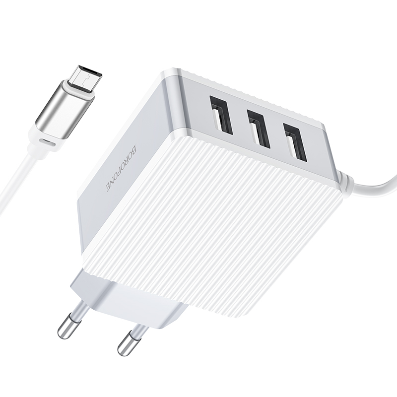 

Сетевое зарядное устройство Borofone BA42A Joyful, 3USB, 2.4A, белый (26063), кабель microUSB, BA42A Joyful