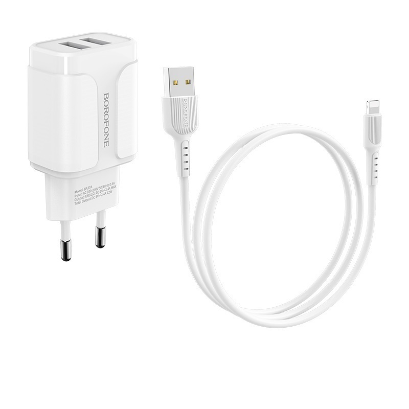 

Сетевое зарядное устройство Borofone BA37A Speedy 12W, 2USB, 2.4A, белый (6931474716071), Lightning 8pin, BA37A Speedy