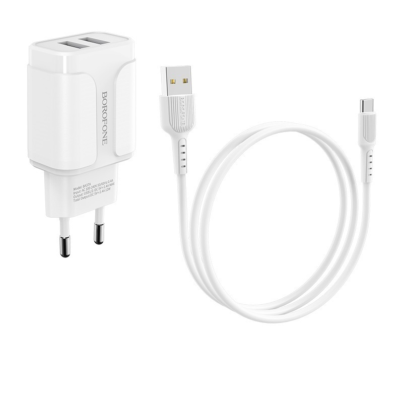 

Сетевое зарядное устройство Borofone BA37A Speedy 12W, 2USB, 2.4A, белый (16095), кабель USB Type C, BA37A Speedy