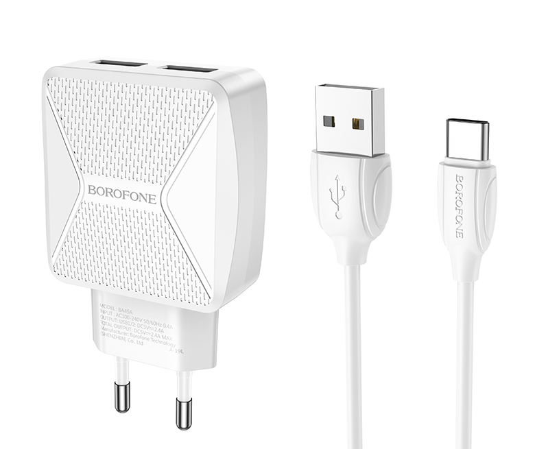

Сетевое зарядное устройство Borofone BA45A Max, 2USB, 2.4A, белый (6931474726384), кабель USB Type C, BA45A Max