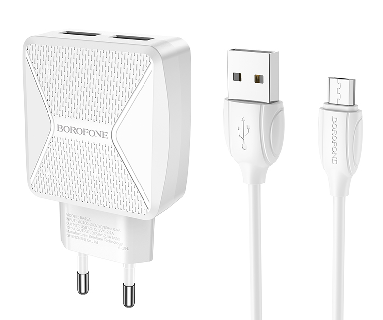 

Сетевое зарядное устройство Borofone BA45A Max, 2USB, 2.4A, белый (26377), кабель microUSB, BA45A Max