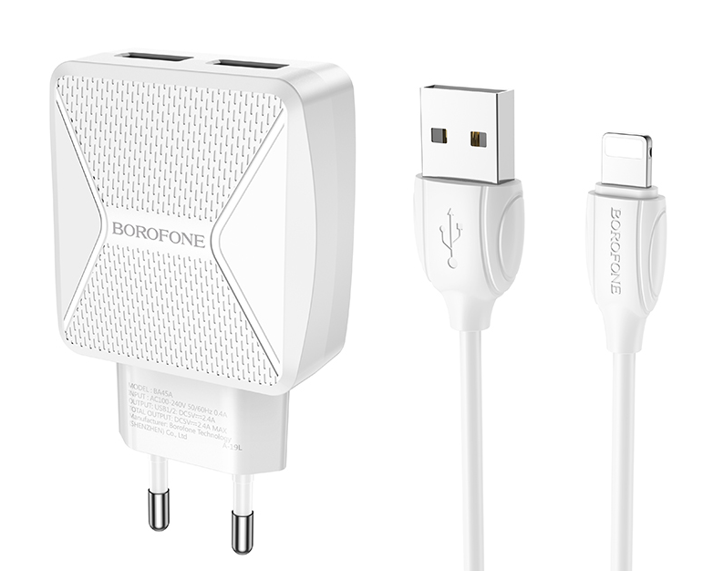 

Сетевое зарядное устройство Borofone BA45A Max, 2USB, 2.4A, белый, Lightning 8pin, BA45A Max