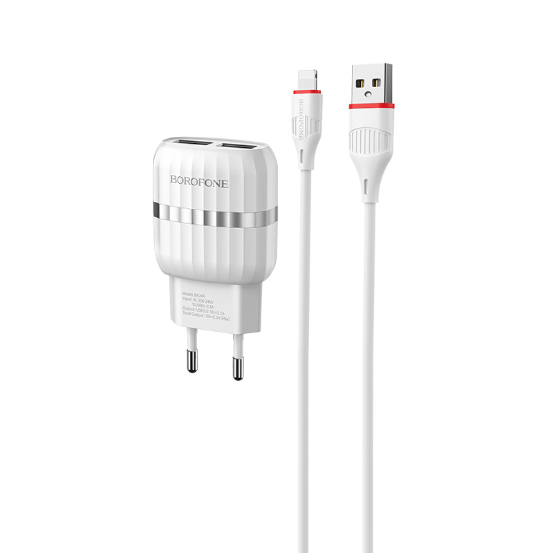 Сетевое зарядное устройство Borofone BA24A Vigour, 2USB, 2.1A, белый (6931474702715), Lightning 8pin - фото 1