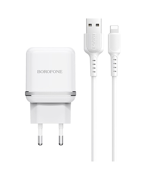 Сетевое зарядное устройство Borofone BA25A Outstanding, 2USB, 2.4A, белый (6931474704184), Lightning 8pin - фото 1