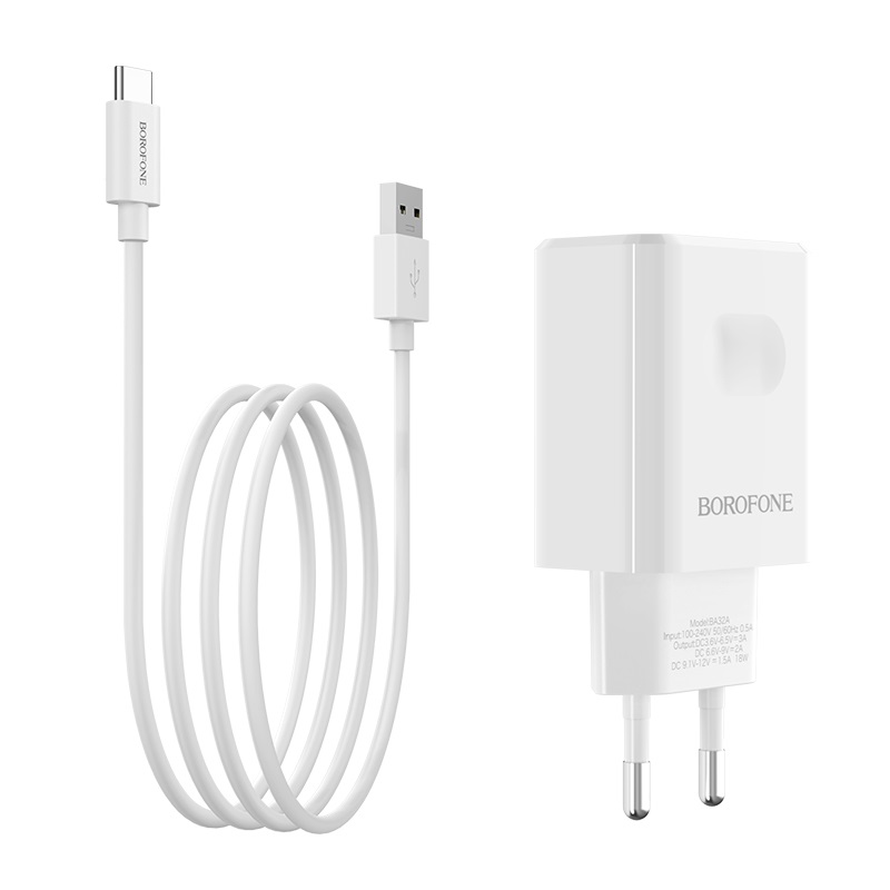 

Сетевое зарядное устройство Borofone BA32A Bright power 18W, 1USB, Quick Charge, 3A, белый (6931474708366), кабель USB Type C, BA32A Bright power