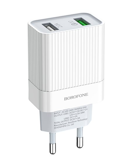 

Сетевое зарядное устройство Borofone BA39A Speedway 18W, 2USB, Quick Charge, 3A, белый (6931474723345), BA39A Speedway