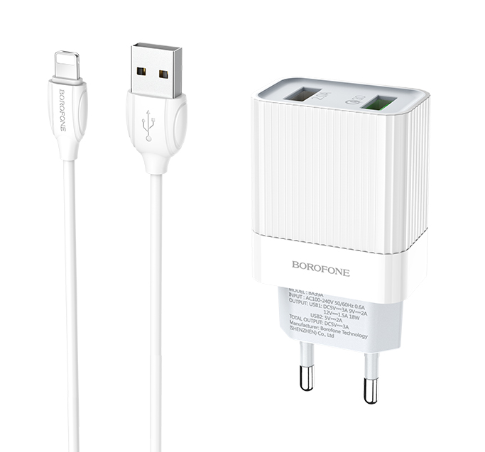 

Сетевое зарядное устройство Borofone BA39A Speedway 18W, 2USB, Quick Charge, 3A, белый (6931474723383), Lightning 8pin, BA39A Speedway