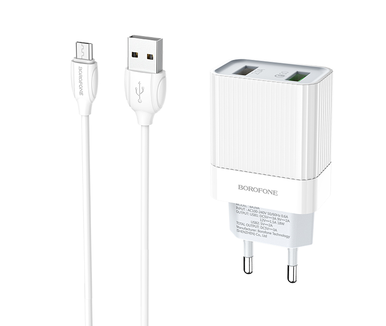 

Сетевое зарядное устройство Borofone BA39A Speedway 18W, 2USB, Quick Charge, 3A, белый (6931474723390), кабель microUSB, BA39A Speedway