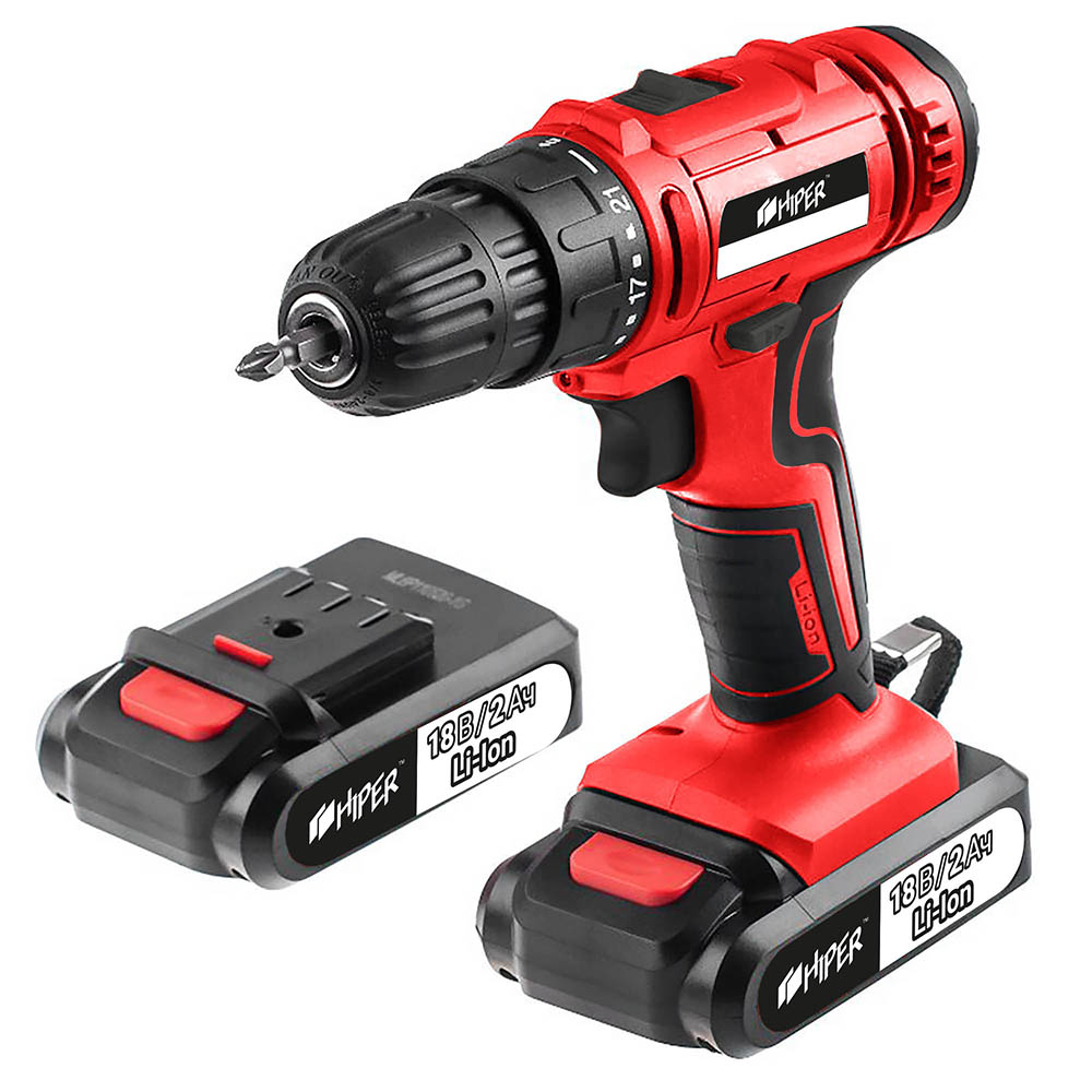 

Дрель-шуруповерт Hiper HCD18B, аккумуляторный, 35 Н·м, 1350 об/мин, 18V, 2 А·ч, Li-Ion, два акб, быстрозажимной патрон, кейс, HCD18B