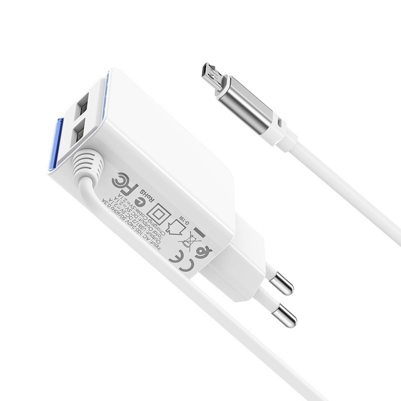 Сетевое зарядное устройство Borofone BA35A Brilliant, 2USB, 2.1A, белый (6931474715340), кабель microUSB - фото 1