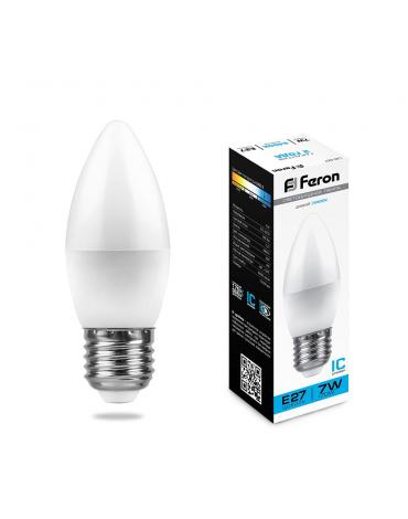 Лампа светодиодная E27 свеча/C37, 7Вт, 6400K / дневной, 600лм, Feron LB-97 (25883)