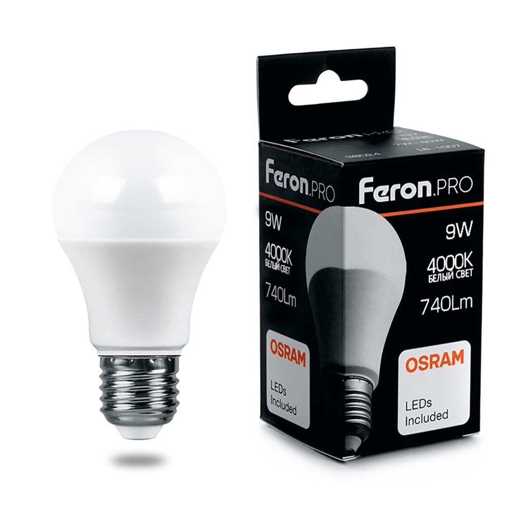 Лампа светодиодная E27 груша/A60, 9Вт, 4000K / белый, 740лм, Feron.PRO LB-1009 (38027)