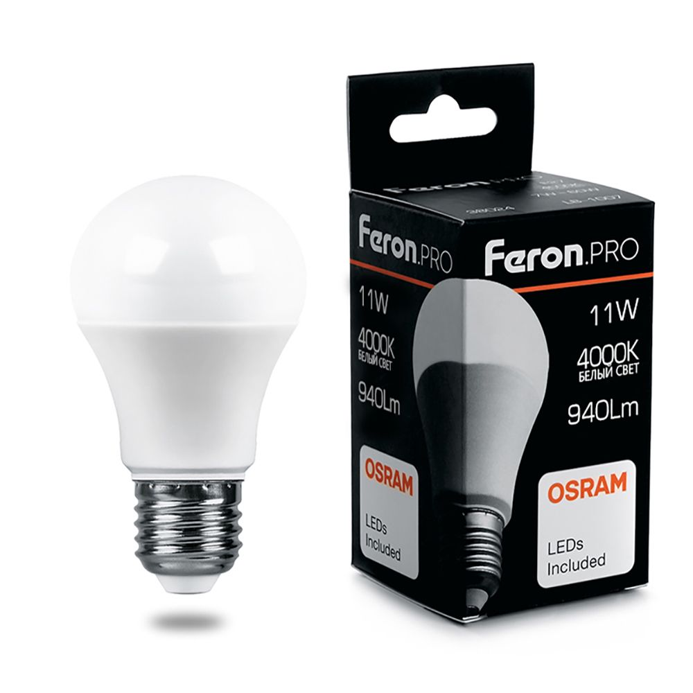 Лампа светодиодная E27 груша/A60, 11Вт, 4000K / белый, 940лм, Feron.PRO LB-1011 (38030)