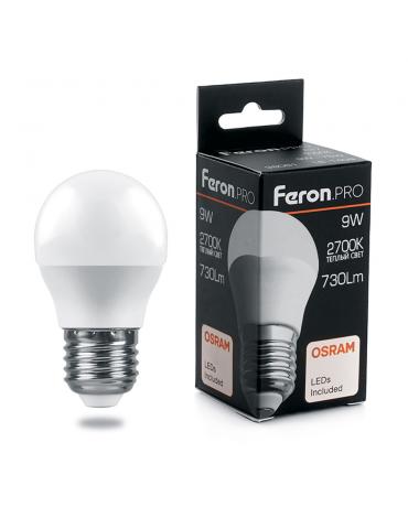 Лампа светодиодная E27 шар/G45, 9Вт, 2700K / теплый свет, 730лм, Feron.PRO LB-1409 (38080)