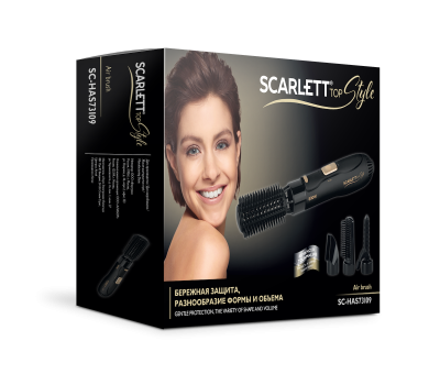 

Фен-щетка Scarlett Top Style SC-HAS73I09 800Вт, 3 режима, 4 насадки, ионизация, 2 режима мощности, черный (SC-HAS73I09), SC-HAS73I09