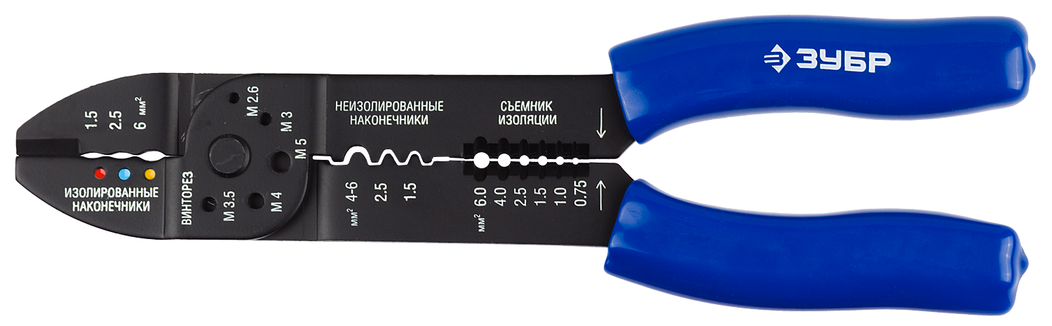 Съемник изоляции (стриппер) от 0.75 мм² до 6 мм², обжим наконечников, резка провода, Зубр ЭКСПЕРТ МТ-30 (22668-23)