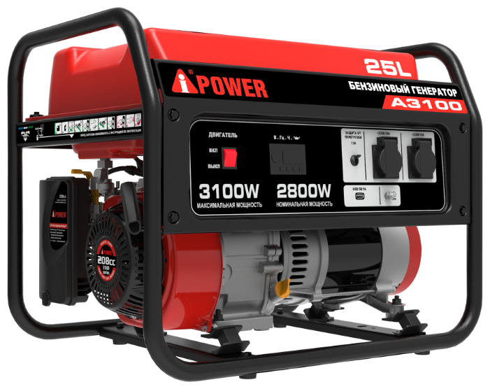 

Электрогенератор A-iPower A3100, однофазный, синхронный, бензиновый, 5.7 л.с., 3.1кВт, 2xEURO 16A (20102), A3100