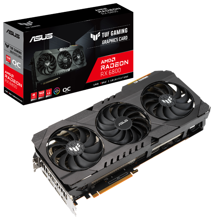 

Видеокарта ASUS AMD Radeon RX 6800 TUF Gaming OC, 16Gb DDR6, 256bit, PCI-E, HDMI, 3DP, Retail (TUF-RX6800-O16G-GAMING), TUF Gaming OC