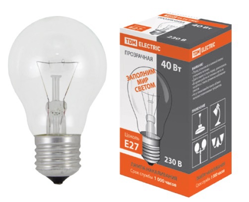 

Лампа накаливания E27 груша, 40Вт, 415лм, диммируемая, TDM Б 230-40 (SQ0343-0017), Б 230-40