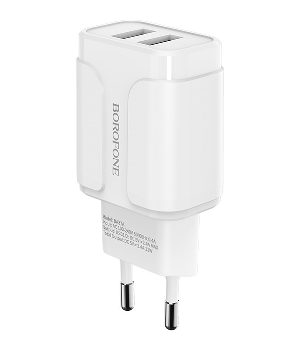 

Сетевое зарядное устройство Borofone BA37A Speedy, 2USB, 2.4A, белый (16033), BA37A Speedy