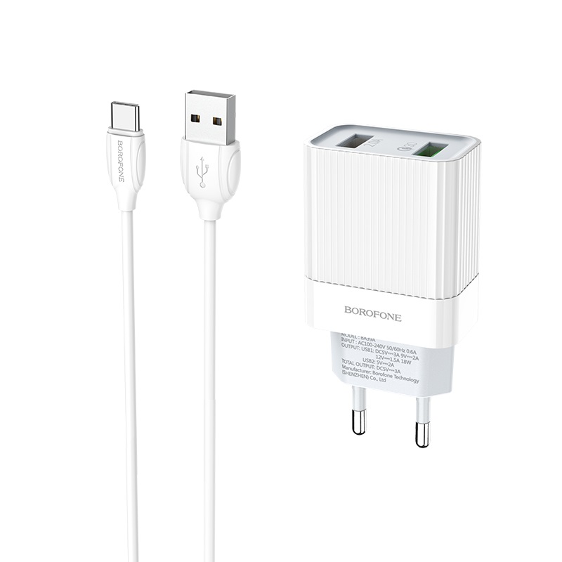 

Сетевое зарядное устройство Borofone BA39A Speedway 18W, 2USB, Quick Charge, 3A, белый (23406), кабель USB Type C, BA39A Speedway
