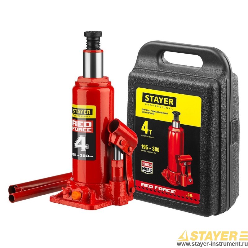 

Домкрат STAYER Professional Red Force, бутылочный гидравлический, 4 т, 19.5 см-38 см, кейс (43160-4-K_z01), Red Force