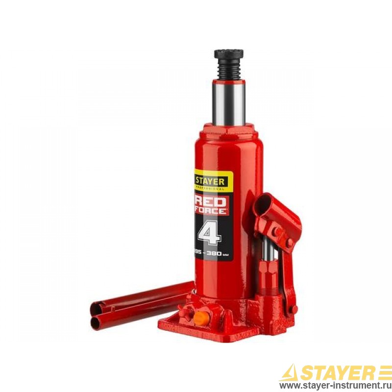 Домкрат STAYER Professional Red Force, бутылочный гидравлический, 4т, 195мм-380мм (43160-4_z01) - фото 1