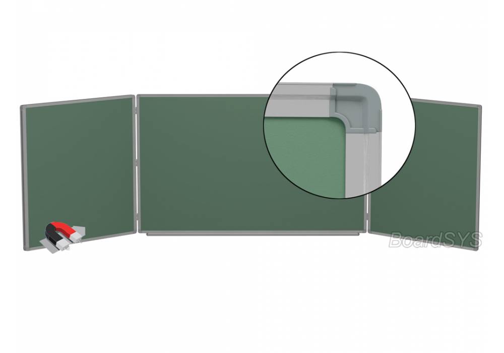 Демонстрационная доска BoardSYS меловая, 100х170/340см, металл (зеленый)/алюминий (серый), 3-х элементная, 5 рабочих поверхностей (ТЭ-340М)