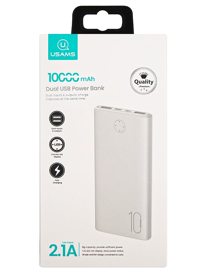 Портативный аккумулятор (Powerbank) USAMS US-CD137 PB52, 10000mAh, 1xUSB, 2.1A, Type-C, белый - фото 1